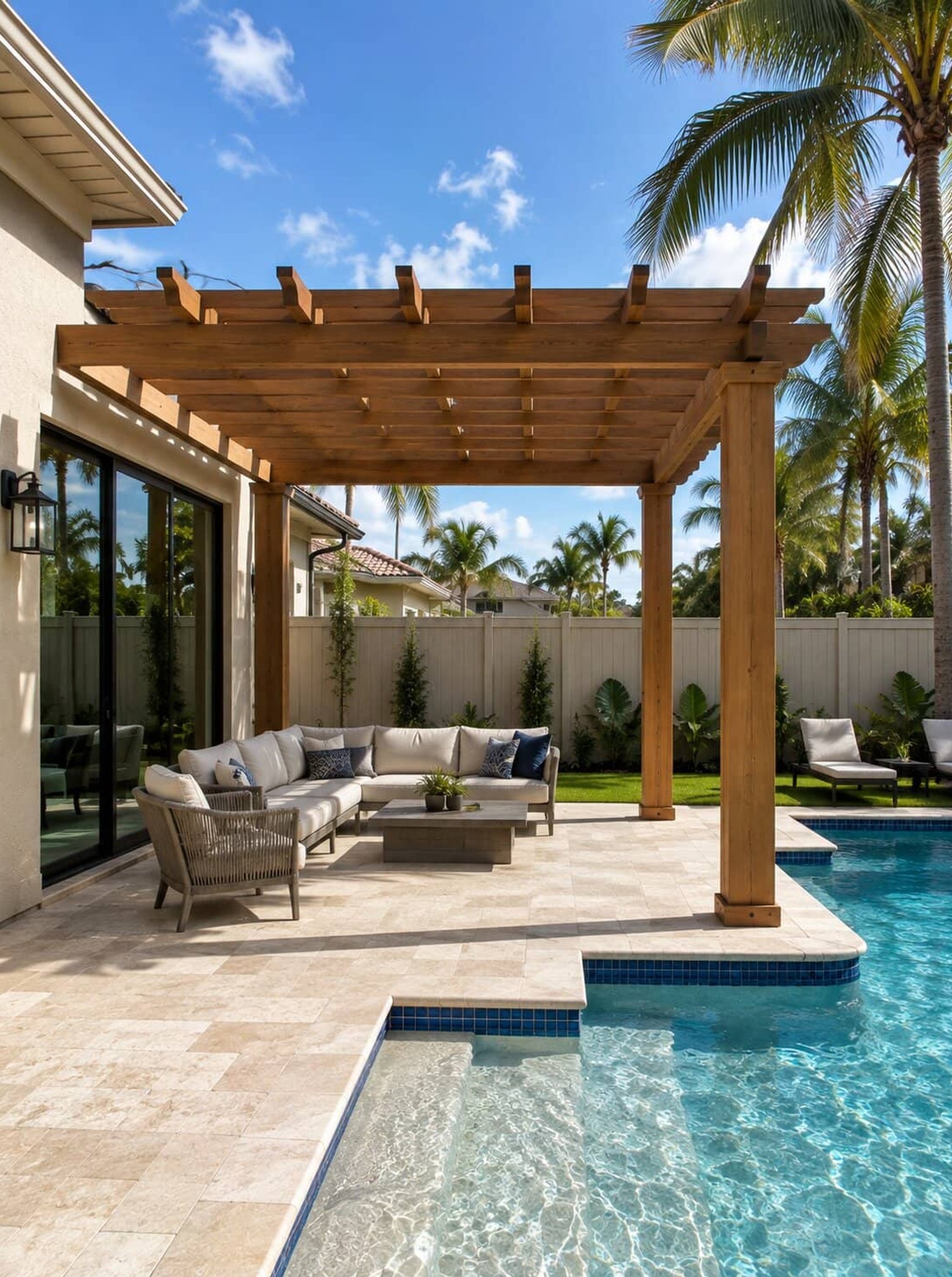 Wood pergola over lounge seating beside pool