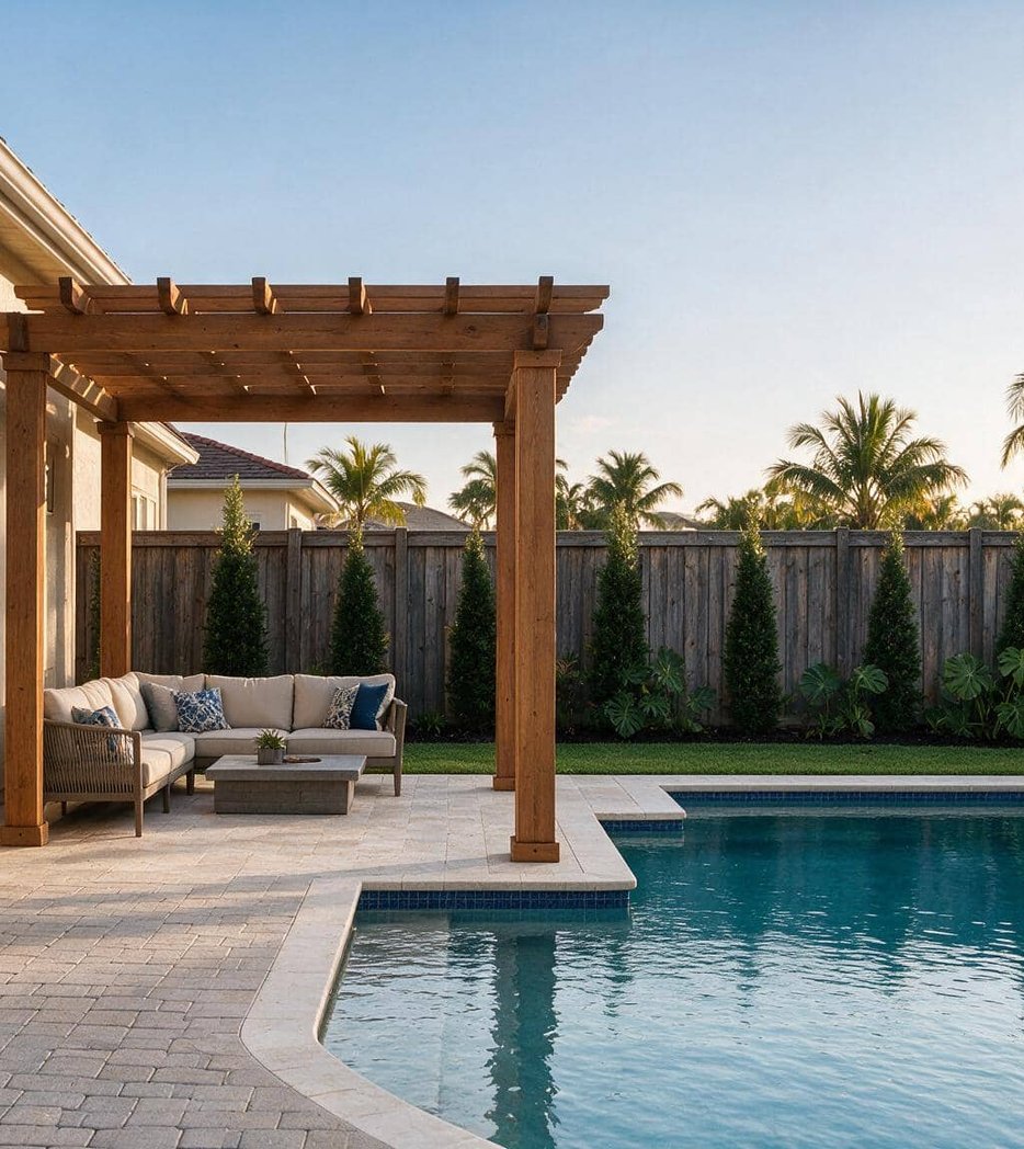 Pergola seating area beside curved pool
