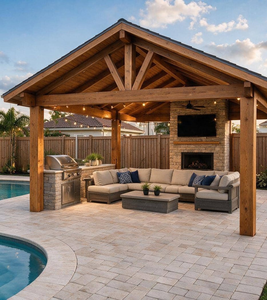 Gable pavilion with fireplace and pool