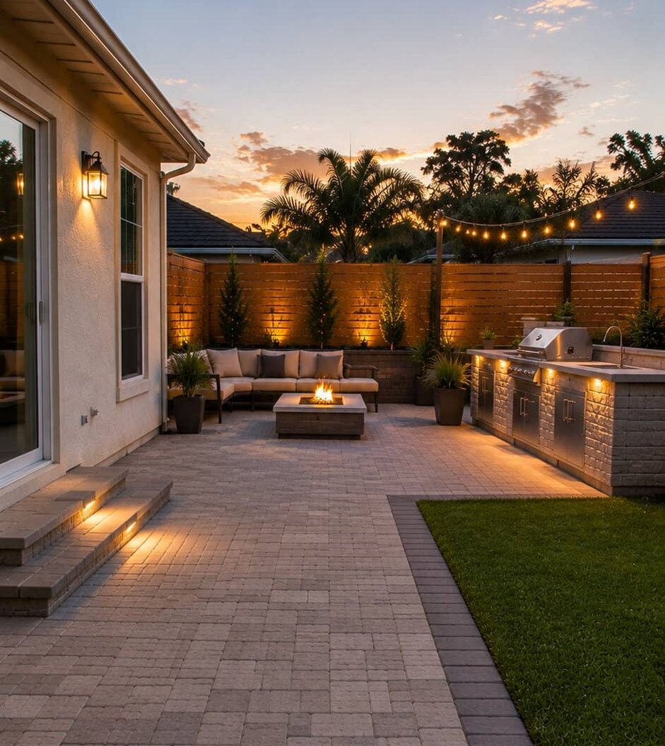 Twilight patio with firepit near lawn