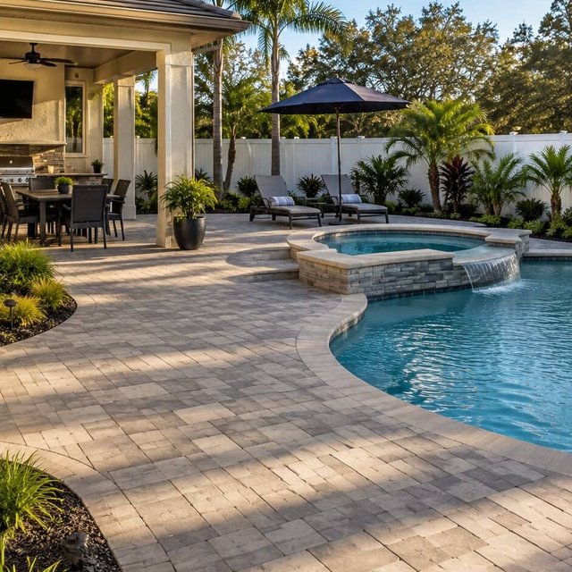 Paver pool deck with spa and waterfall