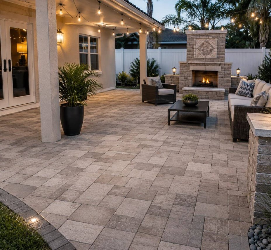 Paver patio with outdoor fireplace at dusk