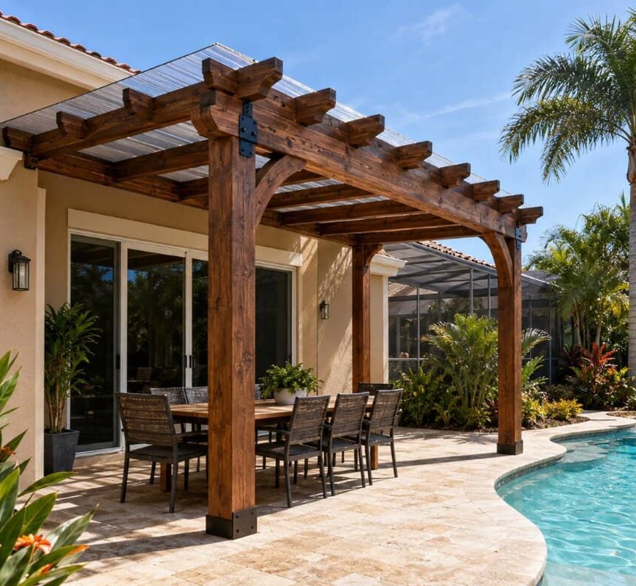 Wood pergola with dining table beside pool