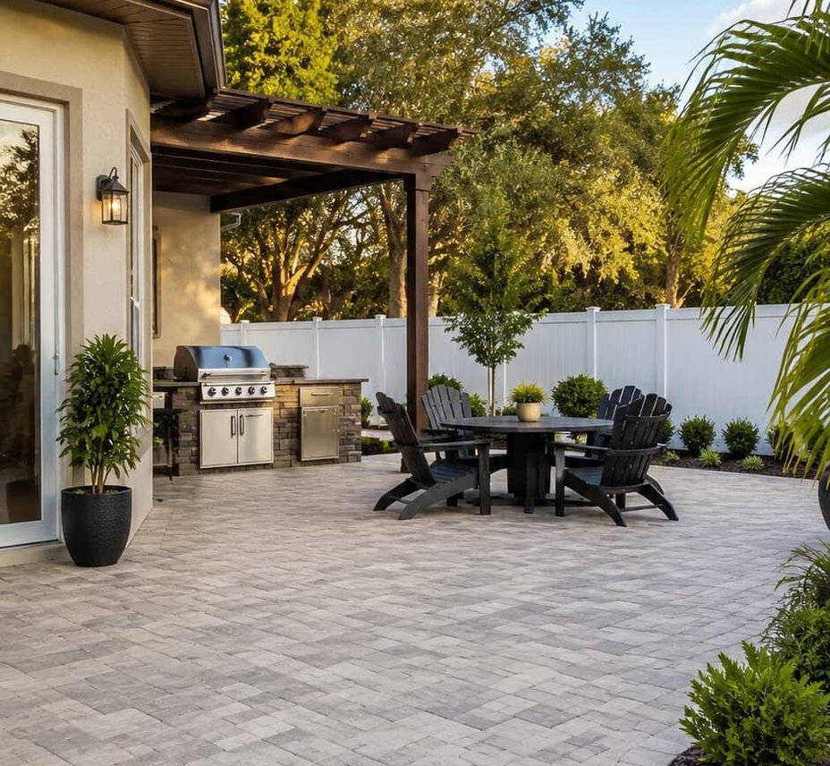 Paver patio with outdoor kitchen and firepit
