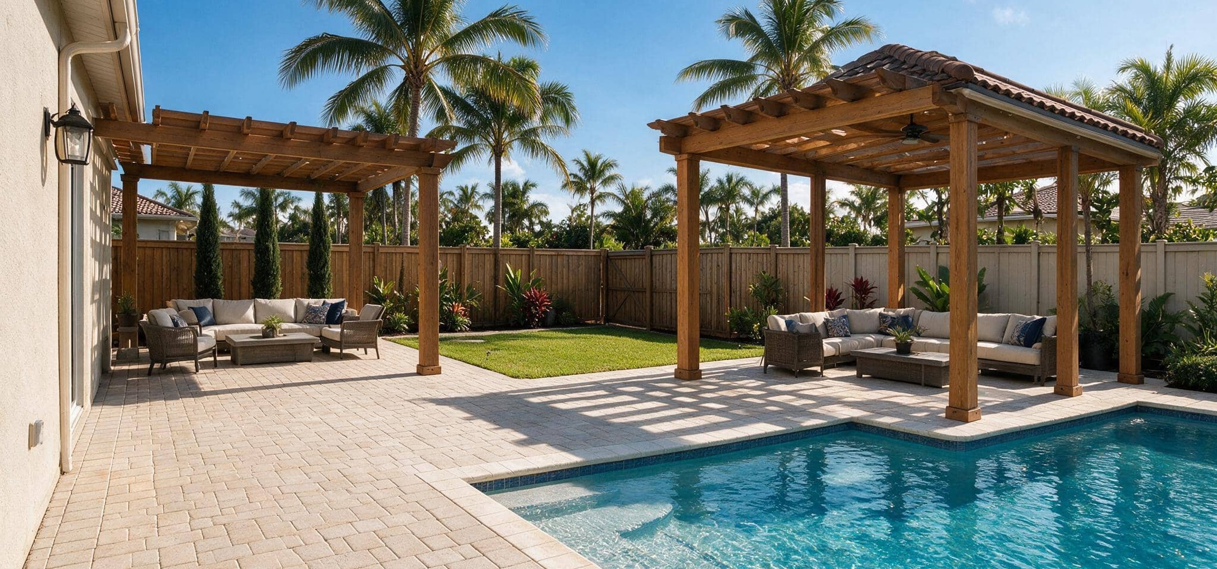 Twin pergolas with seating beside pool